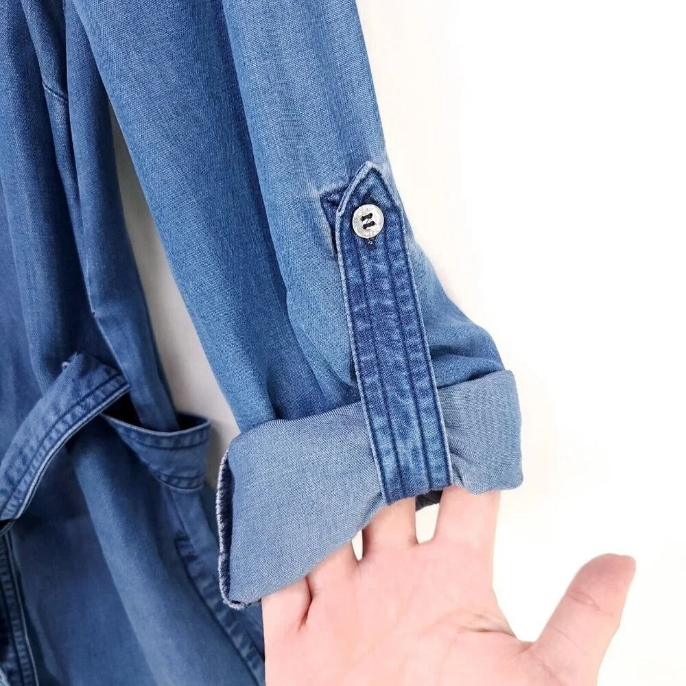 Bebe Denim Shirt Dress Belted Sheath Small Button Up Pockets Long Roll Sleeve - Picture 9 of 12